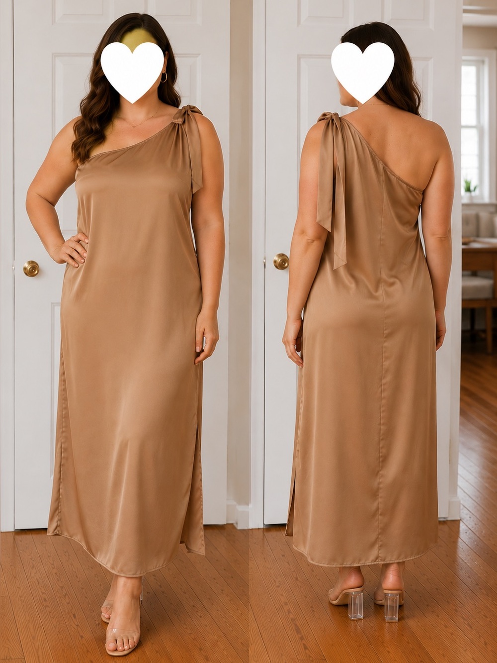 Satin One-Shoulder Slip Dress in Camel
